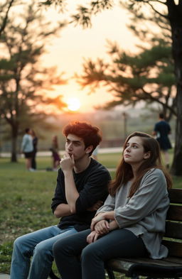 Aidan and Clara, a young couple sitting on a bench in a serene park, deep in thought and reflection