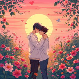 A romantic and enchanting scene featuring a beautiful illustration of two young men, styled like Hyunjin and Felix, standing close together in a warm embrace, symbolizing love