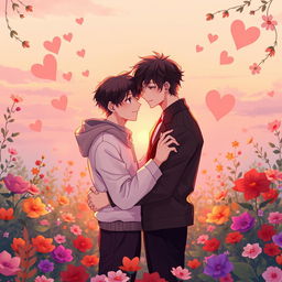 A romantic and enchanting scene featuring a beautiful illustration of two young men, styled like Hyunjin and Felix, standing close together in a warm embrace, symbolizing love