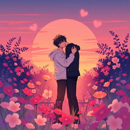 A romantic and enchanting scene featuring a beautiful illustration of two young men, styled like Hyunjin and Felix, standing close together in a warm embrace, symbolizing love