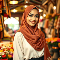A stylish and elegant woman wearing a hijab, gracefully draped in beautiful fabric that complements her face