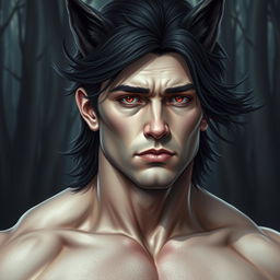 A tall, muscular man with pale skin and mid-length black hair that flows slightly in the wind