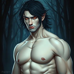 A tall, muscular man with pale skin and mid-length black hair that flows slightly in the wind