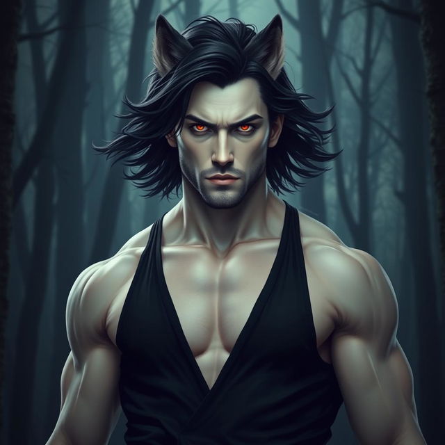 A tall, muscular man with pale skin and mid-length black hair that flows slightly in the wind