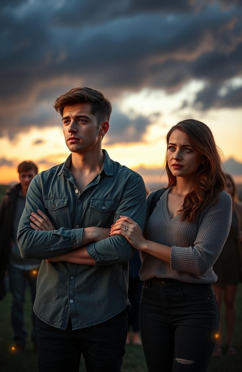 A dramatic and emotional scene depicting a couple, Aidan and Clara, standing together in a serene but tense setting