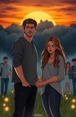 A dramatic and emotional scene depicting a couple, Aidan and Clara, standing together in a serene but tense setting