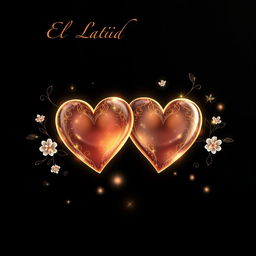 A stunning illustration for the cover titled "El Latido de Nuestro Amor" featuring a pair of intertwined hearts glowing beautifully against a sleek black background