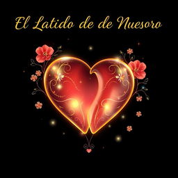 A stunning illustration for the cover titled "El Latido de Nuestro Amor" featuring a pair of intertwined hearts glowing beautifully against a sleek black background