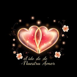 A stunning illustration for the cover titled "El Latido de Nuestro Amor" featuring a pair of intertwined hearts glowing beautifully against a sleek black background