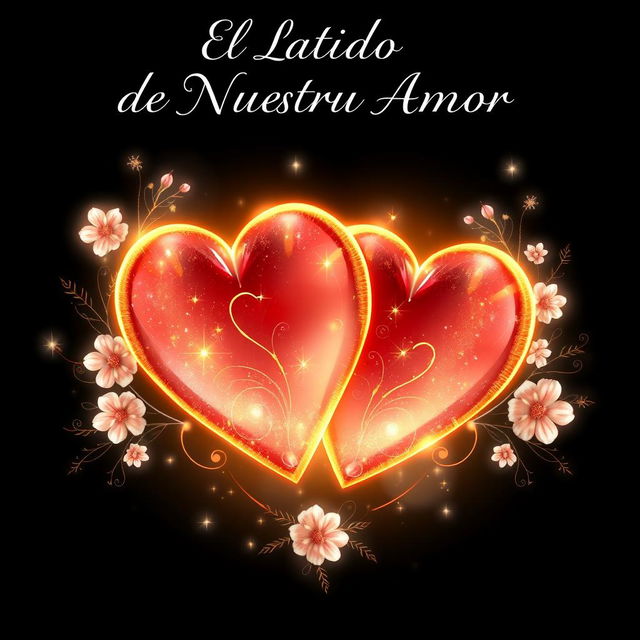 A stunning illustration for the cover titled "El Latido de Nuestro Amor" featuring a pair of intertwined hearts glowing beautifully against a sleek black background