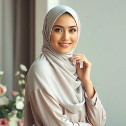 A beautiful woman wearing a hijab, posed elegantly in a serene environment, capturing her grace and beauty while showcasing intricate hijab designs