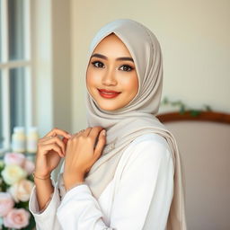 A beautiful woman wearing a hijab, posed elegantly in a serene environment, capturing her grace and beauty while showcasing intricate hijab designs