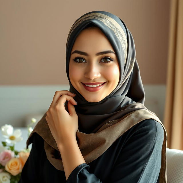 A beautiful woman wearing a hijab, posed elegantly in a serene environment, capturing her grace and beauty while showcasing intricate hijab designs