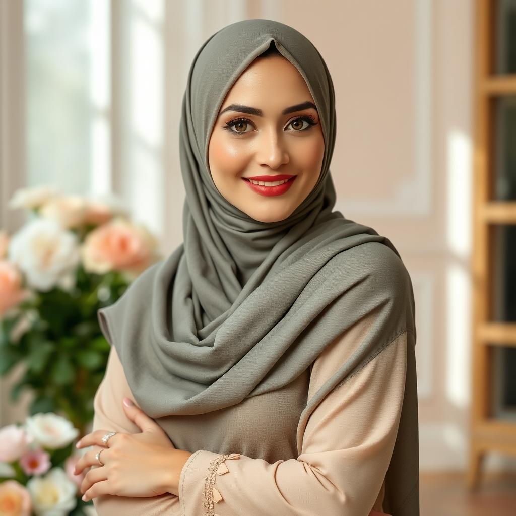 A beautiful woman wearing a hijab, posed elegantly in a serene environment, capturing her grace and beauty while showcasing intricate hijab designs