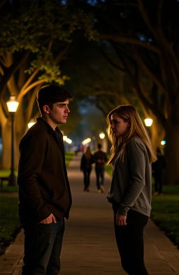 A dramatic scene capturing the tension between a young couple, Aidan and Clara, who are in a challenging relationship