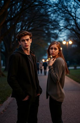 A dramatic scene capturing the tension between a young couple, Aidan and Clara, who are in a challenging relationship
