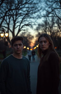 A dramatic scene capturing the tension between a young couple, Aidan and Clara, who are in a challenging relationship