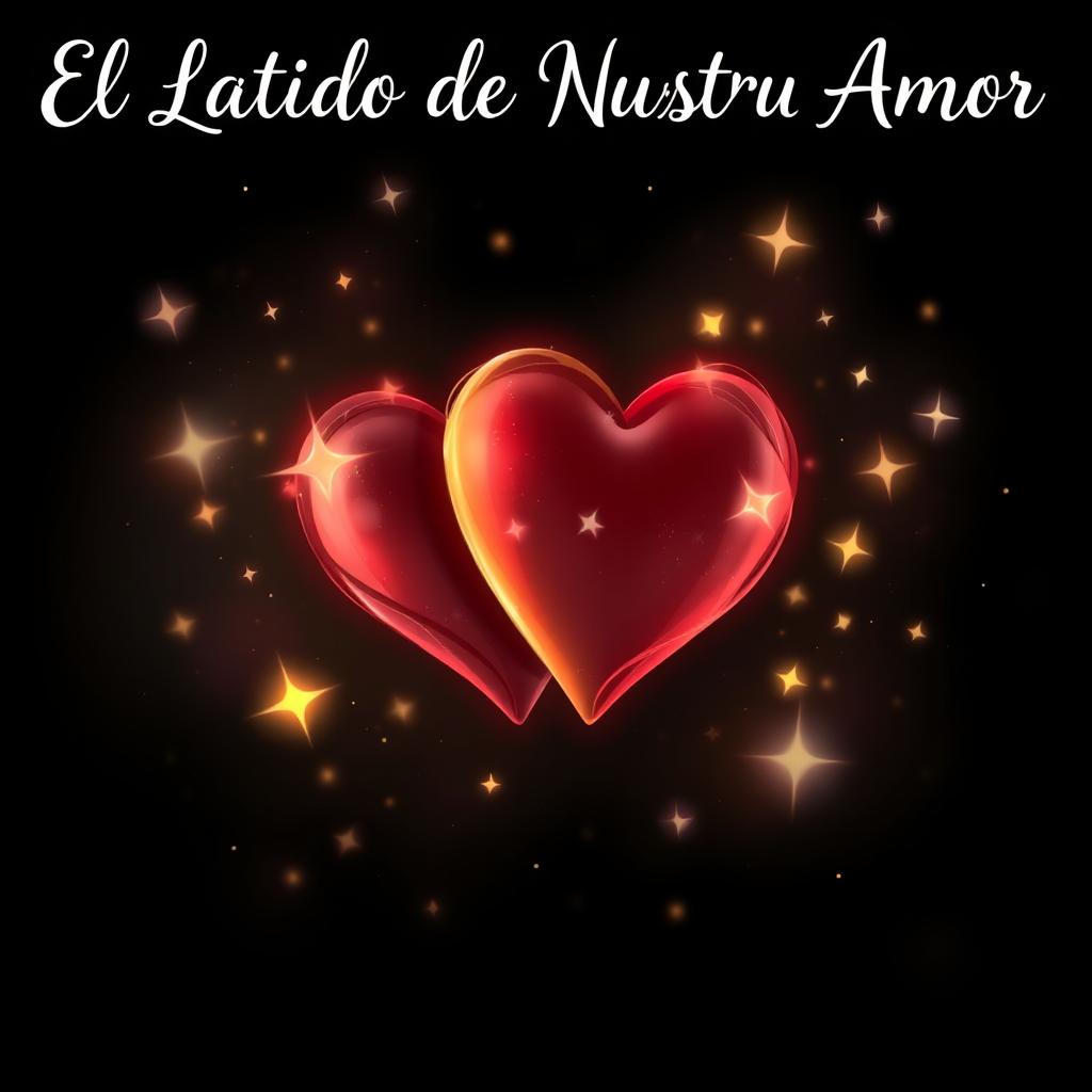 An enchanting illustration for the cover titled "El Latido de Nuestro Amor" featuring a captivating scene set against a deep black background