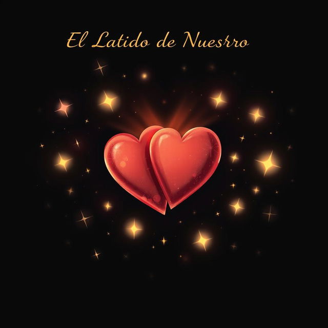 An enchanting illustration for the cover titled "El Latido de Nuestro Amor" featuring a captivating scene set against a deep black background