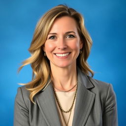 A professional portrait of a woman in her late 30s, set against a classic school picture blue background