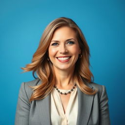 A professional portrait of a woman in her late 30s, set against a classic school picture blue background