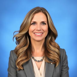 A professional portrait of a woman in her late 30s, set against a classic school picture blue background