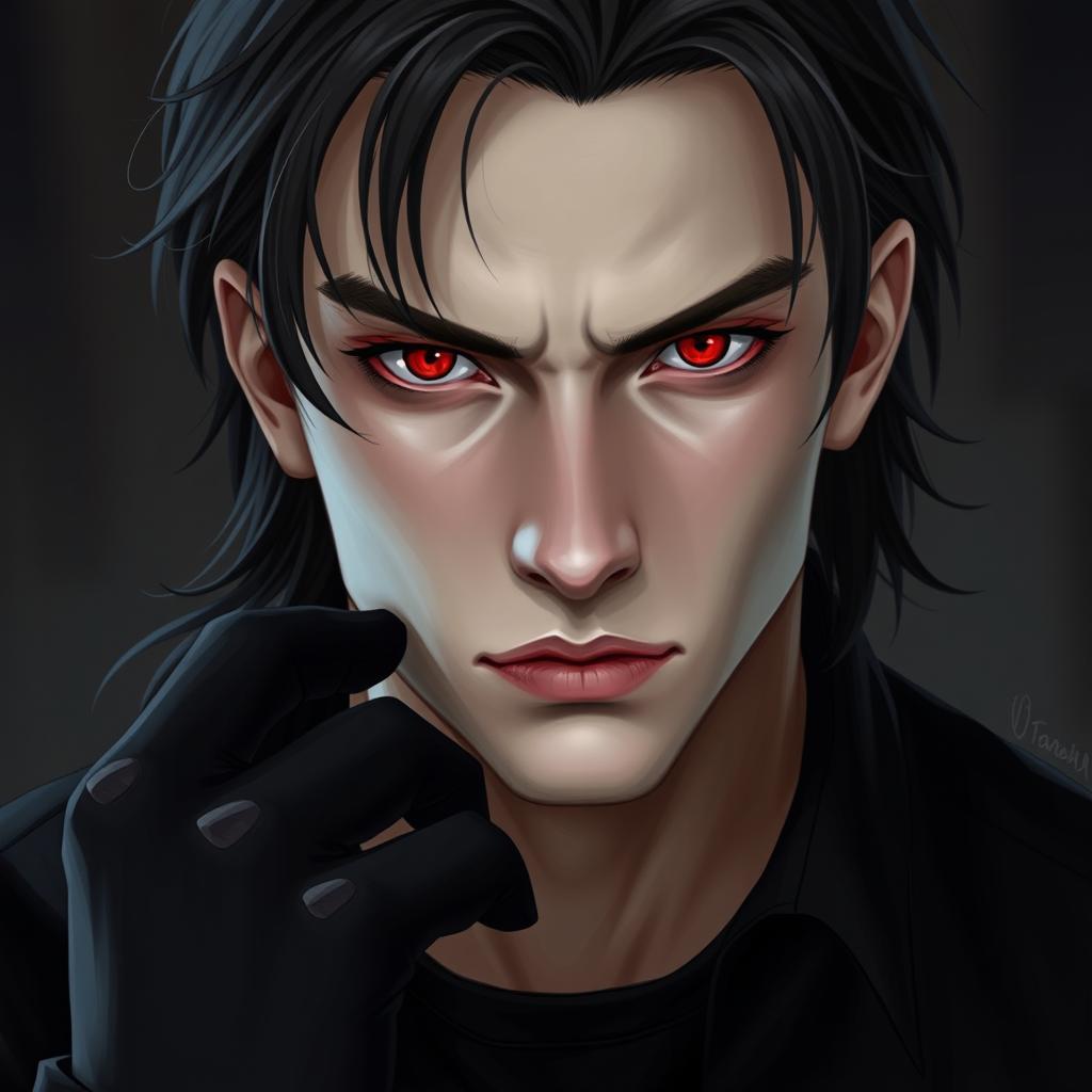 A pale-skinned young man with striking reddish eyes and medium-length black hair, exhibiting a half-wolf appearance