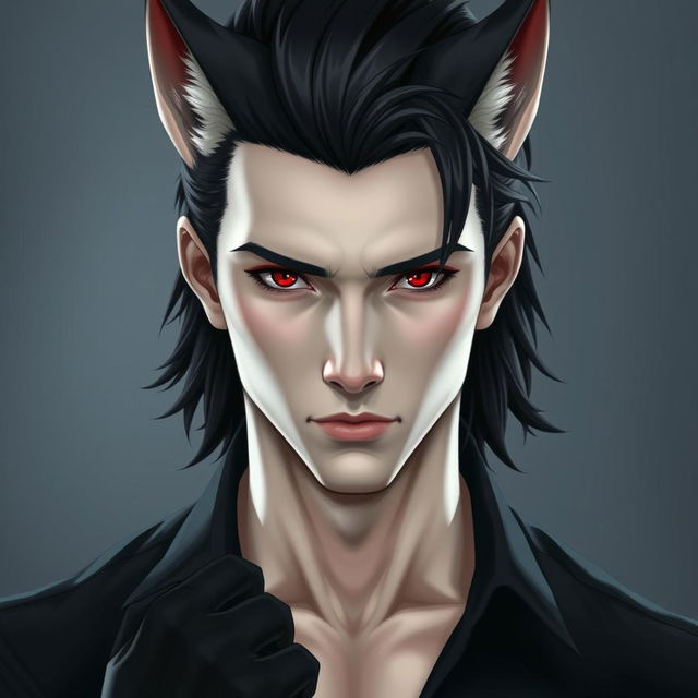 A pale-skinned young man with striking reddish eyes and medium-length black hair, exhibiting a half-wolf appearance