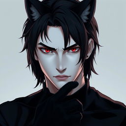 A pale-skinned young man with striking reddish eyes and medium-length black hair, exhibiting a half-wolf appearance
