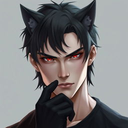 A pale-skinned young man with striking reddish eyes and medium-length black hair, exhibiting a half-wolf appearance