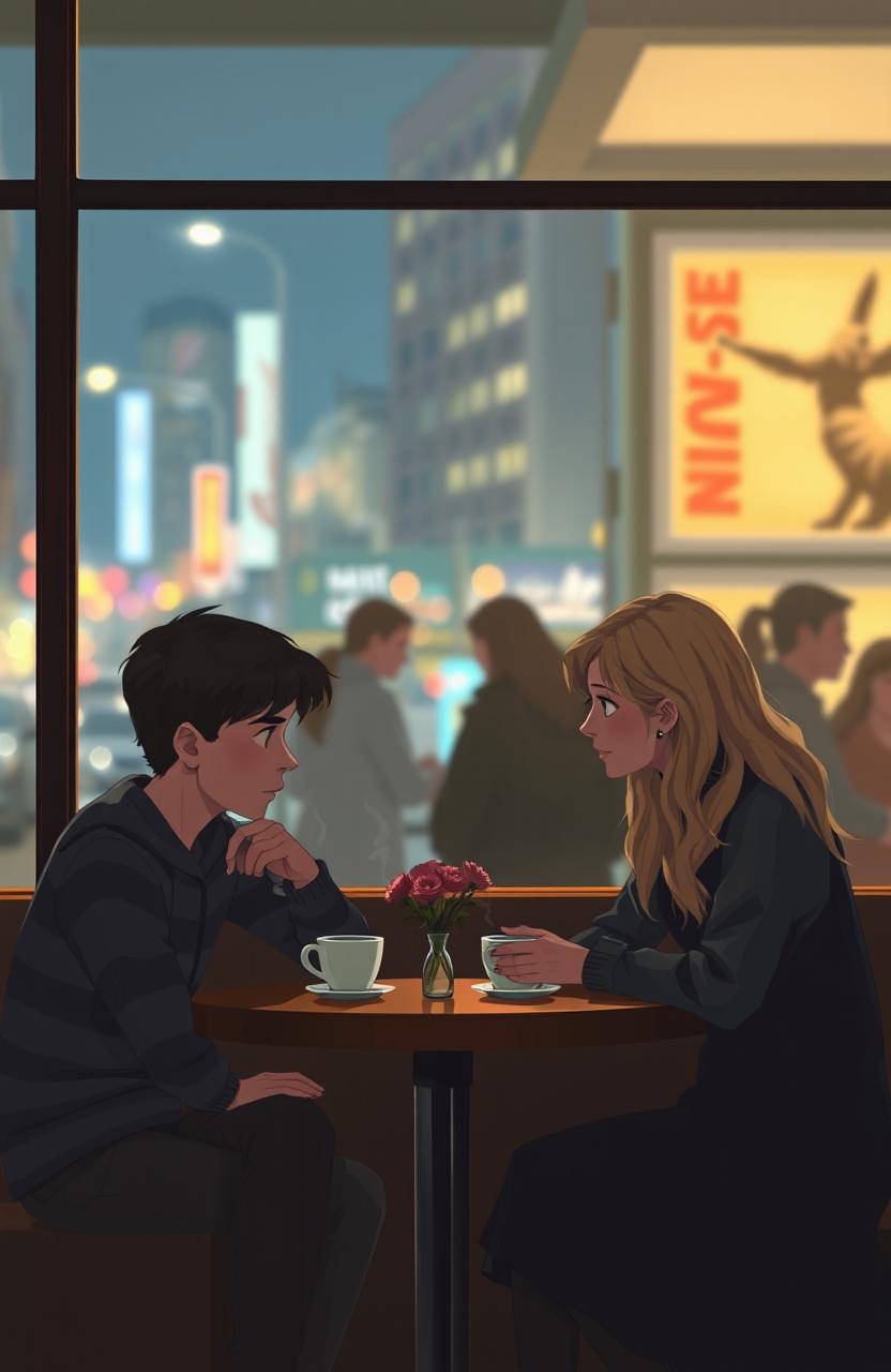 A dramatic and emotional scene depicting a young couple named Aidan and Clara sitting at a cafe, surrounded by a warm atmosphere yet reflecting the weight of their relationship struggles