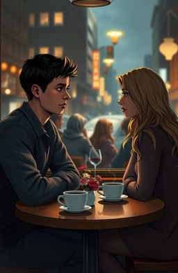 A dramatic and emotional scene depicting a young couple named Aidan and Clara sitting at a cafe, surrounded by a warm atmosphere yet reflecting the weight of their relationship struggles