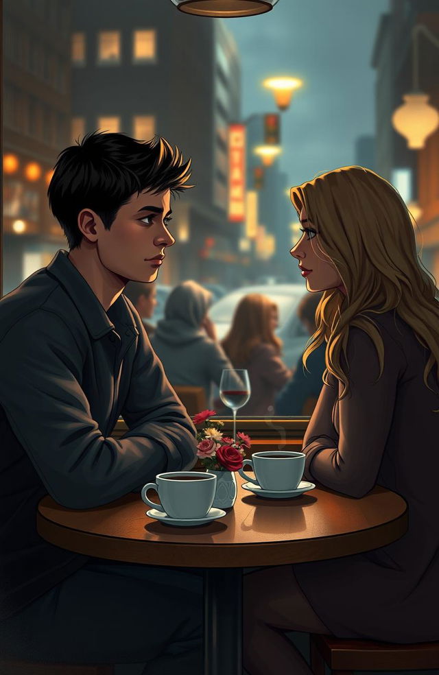 A dramatic and emotional scene depicting a young couple named Aidan and Clara sitting at a cafe, surrounded by a warm atmosphere yet reflecting the weight of their relationship struggles