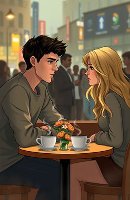A dramatic and emotional scene depicting a young couple named Aidan and Clara sitting at a cafe, surrounded by a warm atmosphere yet reflecting the weight of their relationship struggles