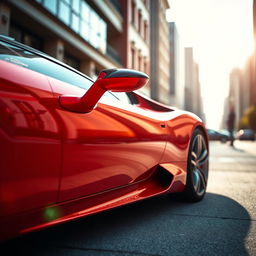 A close-up shot of a sleek, luxury sports car parked on a city street, showcasing its shiny exterior and intricate details