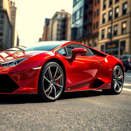 A close-up shot of a sleek, luxury sports car parked on a city street, showcasing its shiny exterior and intricate details