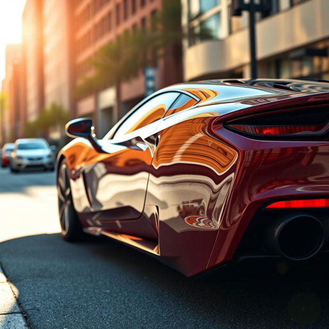 A close-up shot of a sleek, luxury sports car parked on a city street, showcasing its shiny exterior and intricate details