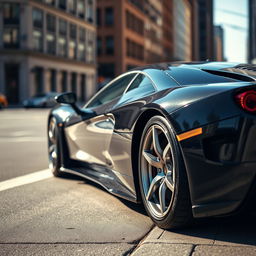 A close-up shot of a sleek, luxury sports car parked on a city street, showcasing its shiny exterior and intricate details