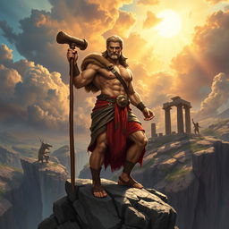 A heroic figure inspired by the myth of Hercules, muscular and strong, standing atop a rocky cliff, surrounded by an epic landscape