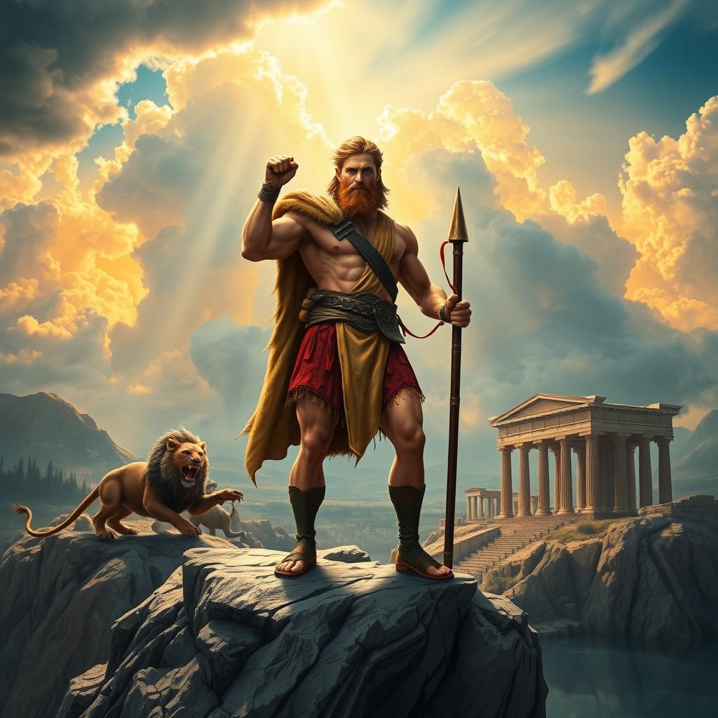 A heroic figure inspired by the myth of Hercules, muscular and strong, standing atop a rocky cliff, surrounded by an epic landscape