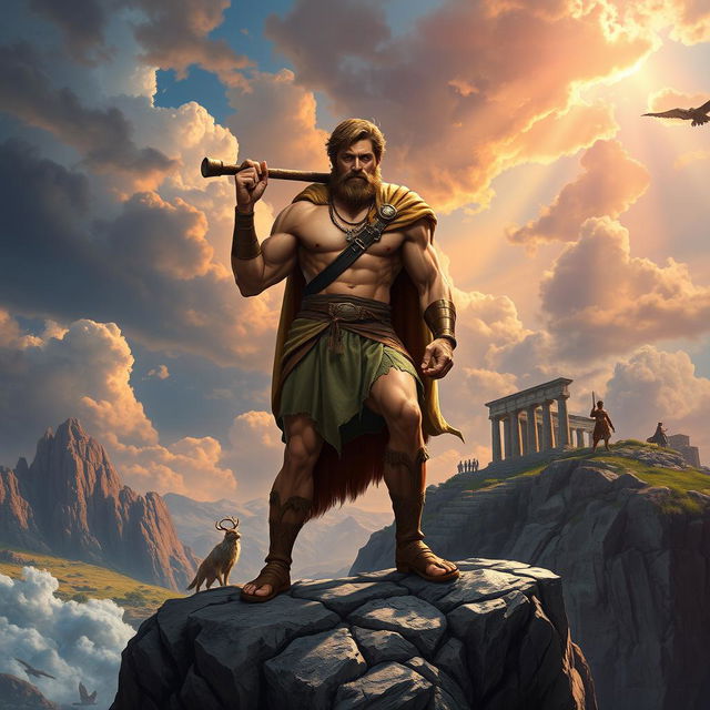 A heroic figure inspired by the myth of Hercules, muscular and strong, standing atop a rocky cliff, surrounded by an epic landscape