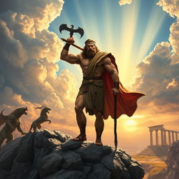 A heroic figure inspired by the myth of Hercules, muscular and strong, standing atop a rocky cliff, surrounded by an epic landscape