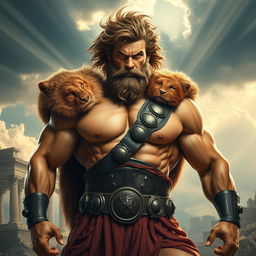 A powerful and muscular figure of Hercules, posed heroically in an ancient mythical landscape