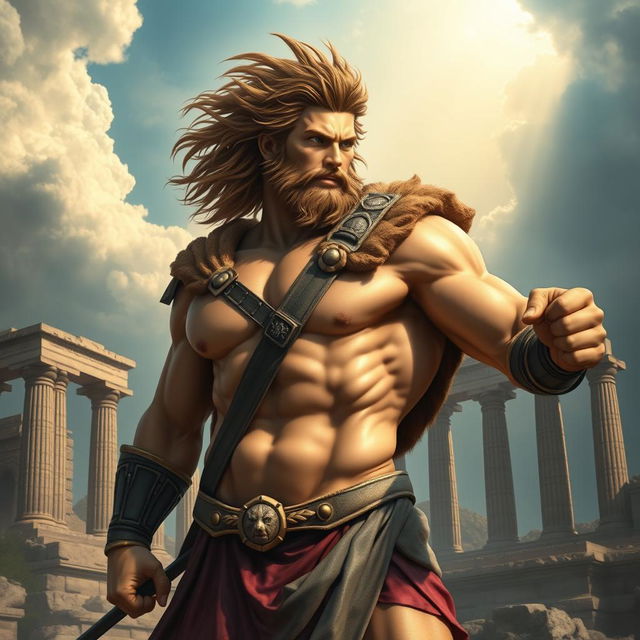 A powerful and muscular figure of Hercules, posed heroically in an ancient mythical landscape