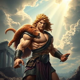 A powerful and muscular figure of Hercules, posed heroically in an ancient mythical landscape