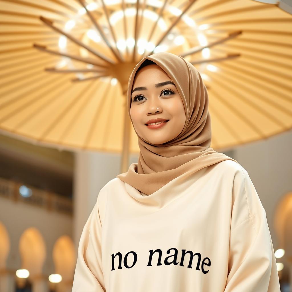 A beautiful Malay woman with a round, sweet face wearing a neat hijab and an elegant cream-colored abaya featuring the text "no name"