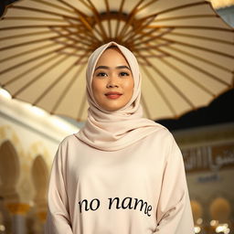 A beautiful Malay woman with a round, sweet face wearing a neat hijab and an elegant cream-colored abaya featuring the text "no name"