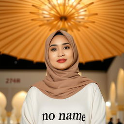 A beautiful Malay woman with a round, sweet face wearing a neat hijab and an elegant cream-colored abaya featuring the text "no name"