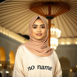 A beautiful Malay woman with a round, sweet face wearing a neat hijab and an elegant cream-colored abaya featuring the text "no name"