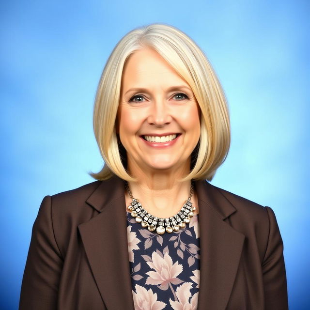 A professional portrait of a woman in her 50s, set against a typical school picture blue background